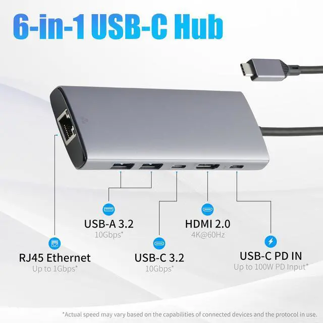 Alt view image 2 of 6 - 6-in-1 USB-C 3.2 (10G) Hub, Multiport Adapter with 100W Power Delivery, 4K HDMI, Ethernet, 2 USB-A, 1 USB-C, Light Grey, 4.70 x 1.81 x 0.59 inches