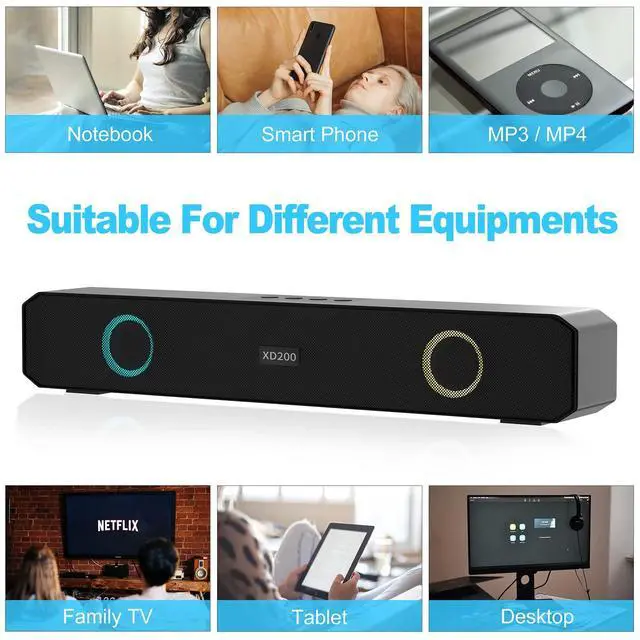 Alt view image 2 of 6 - Portable Wireless Speaker Home Bluetooth Sound Bar with Multi-Color Flashing Lights Compatible for PC, Laptop, Smartphones (Black & Red)