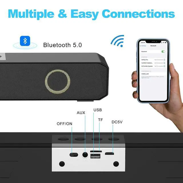 Alt view image 3 of 6 - Portable Wireless Speaker Home Bluetooth Sound Bar with Multi-Color Flashing Lights Compatible for PC, Laptop, Smartphones (Black & Red)