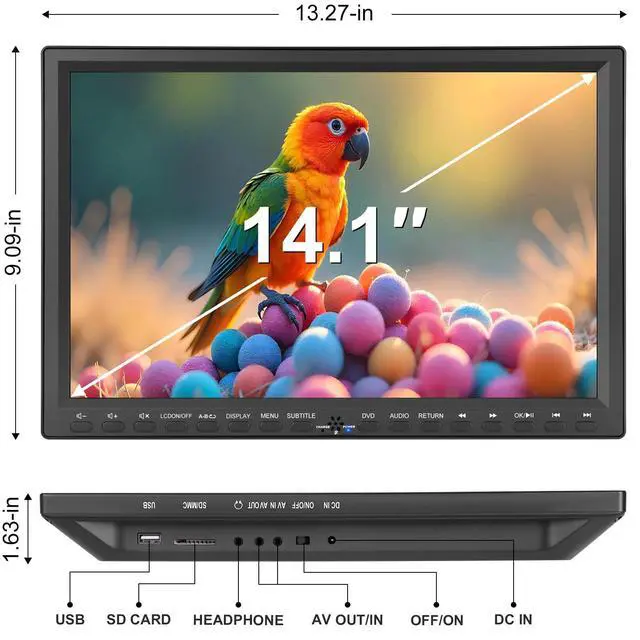 Alt view image 2 of 6 - Portable Car DVD Player 14.1" Screen, Headrest Mount, Region Free | Support 720P MP4, USB/SD, AV In/Out, Stainless Steel Foldable Stand, High Volume Speaker, for Backseat Kids