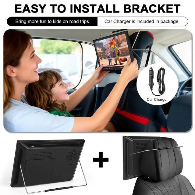 Alt view image 3 of 6 - Portable Car DVD Player 14.1" Screen, Headrest Mount, Region Free | Support 720P MP4, USB/SD, AV In/Out, Stainless Steel Foldable Stand, High Volume Speaker, for Backseat Kids