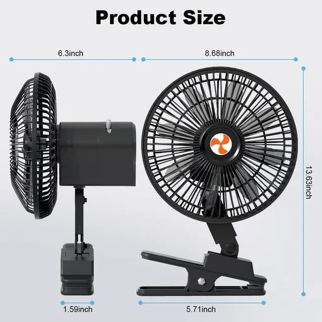 Alt view image 3 of 6 - 12 V Oscillating Fan, 8" Portable Fan Wide-Bound Cooling Ventilation | Cigarette lighter power and clip-on mount support adjustable cooling for dashboards, seats, RVs, trucks and cars