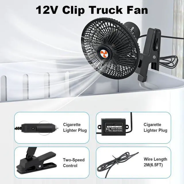 Alt view image 4 of 6 - 12 V Oscillating Fan, 8" Portable Fan Wide-Bound Cooling Ventilation | Cigarette lighter power and clip-on mount support adjustable cooling for dashboards, seats, RVs, trucks and cars