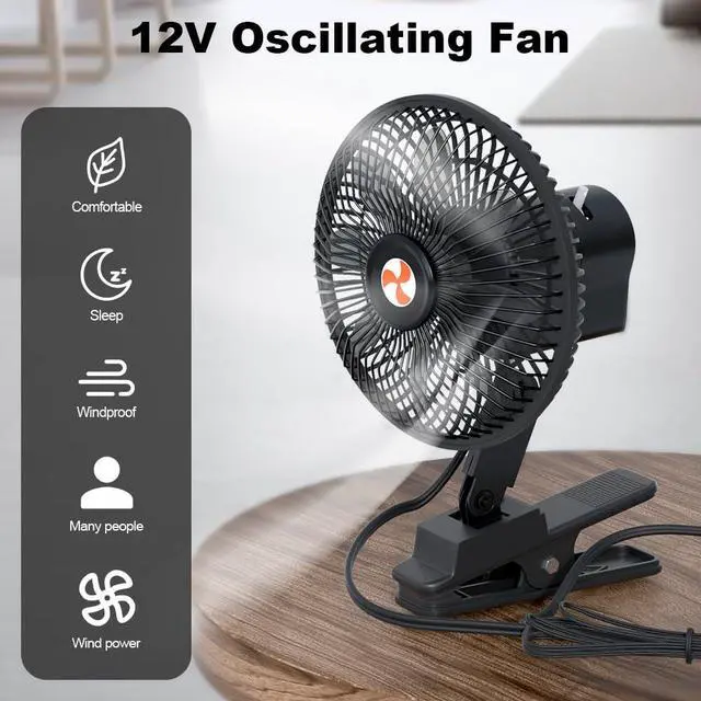 Alt view image 5 of 6 - 12 V Oscillating Fan, 8" Portable Fan Wide-Bound Cooling Ventilation | Cigarette lighter power and clip-on mount support adjustable cooling for dashboards, seats, RVs, trucks and cars