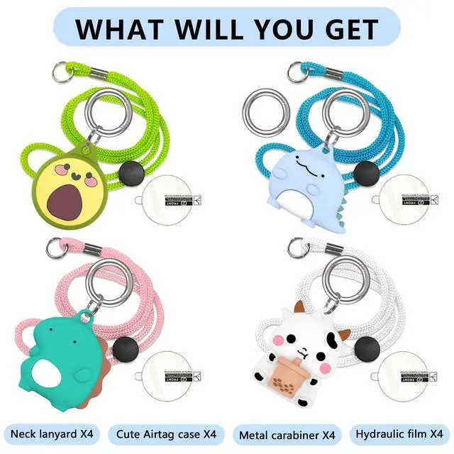 Alt view image 6 of 6 - Air tag. Holder Kids Necklace with Adjustable Length | Cute Cartoon Airtags 4 Pack Holder Soft Silicone Skin-Friendly Apple Airtags Case for Kids with Key Ring, Screen Protector