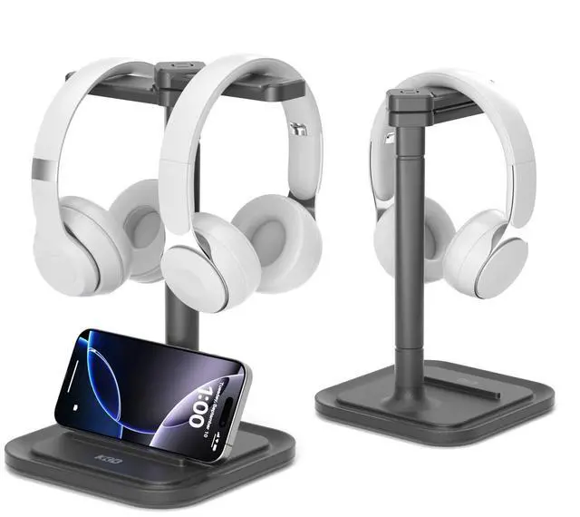Main image of Dual Headphone Stand for Desk - Rotatable Headset Hanger with Phone Holder - Removable Non-Slip Base for Gamers Desktop Accessories