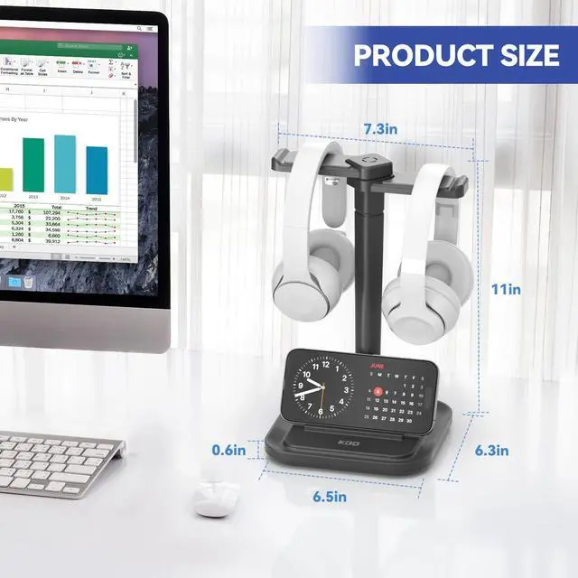 Alt view image 2 of 6 - Dual Headphone Stand for Desk - Rotatable Headset Hanger with Phone Holder - Removable Non-Slip Base for Gamers Desktop Accessories