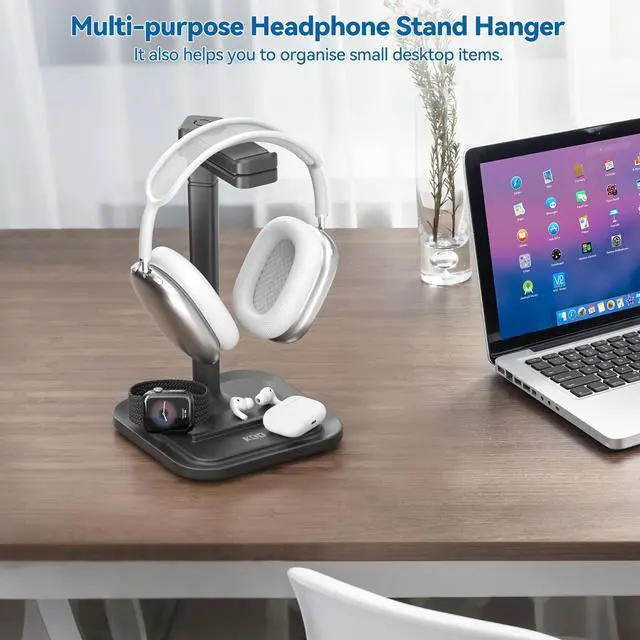 Alt view image 3 of 6 - Dual Headphone Stand for Desk - Rotatable Headset Hanger with Phone Holder - Removable Non-Slip Base for Gamers Desktop Accessories