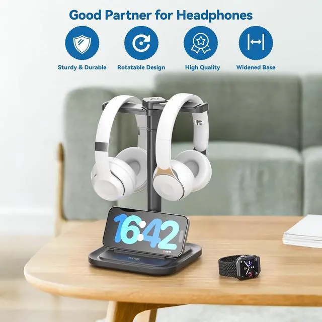 Alt view image 4 of 6 - Dual Headphone Stand for Desk - Rotatable Headset Hanger with Phone Holder - Removable Non-Slip Base for Gamers Desktop Accessories