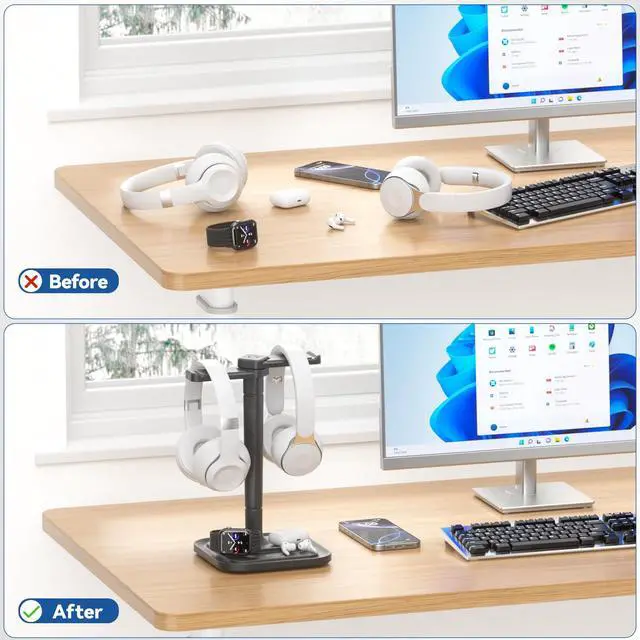 Alt view image 5 of 6 - Dual Headphone Stand for Desk - Rotatable Headset Hanger with Phone Holder - Removable Non-Slip Base for Gamers Desktop Accessories
