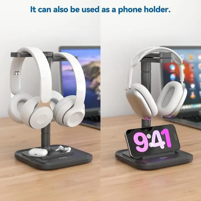 Alt view image 6 of 6 - Dual Headphone Stand for Desk - Rotatable Headset Hanger with Phone Holder - Removable Non-Slip Base for Gamers Desktop Accessories