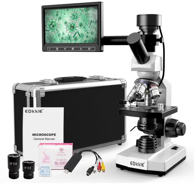 Main image of Microscope for Adults with 40X-2500X Magnification, Dual-View Research-Grade Compound Monocular Microscopes with 7'' LCD Screen, Wide-Field 10X 25X Eyepiece, Built in 5MP Camera, Dual Illumination