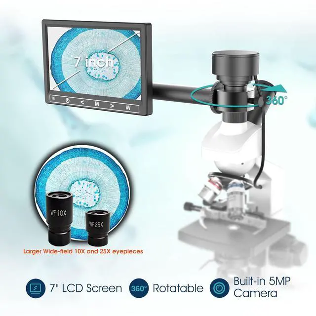 Alt view image 2 of 6 - Microscope for Adults with 40X-2500X Magnification, Dual-View Research-Grade Compound Monocular Microscopes with 7'' LCD Screen, Wide-Field 10X 25X Eyepiece, Built in 5MP Camera, Dual Illumination