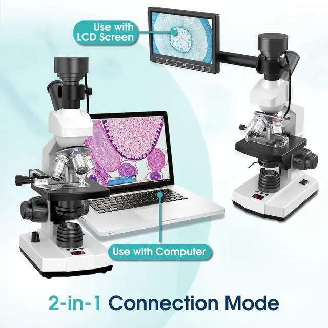 Alt view image 6 of 6 - Microscope for Adults with 40X-2500X Magnification, Dual-View Research-Grade Compound Monocular Microscopes with 7'' LCD Screen, Wide-Field 10X 25X Eyepiece, Built in 5MP Camera, Dual Illumination