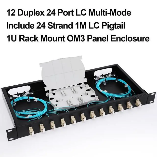 Alt view image 2 of 6 - LC-OM3 12 Duplex 24 Port Fiber Enclosure Rack Mount Fiber Box MultiMode LC-UPC Kit 1 RU Fits 19" Racks Cabinet (Include 2Pcs Splice Trays 48 Strand OM3 Pigtail 1M Cables Spool+LGX Loaded Patch Panel