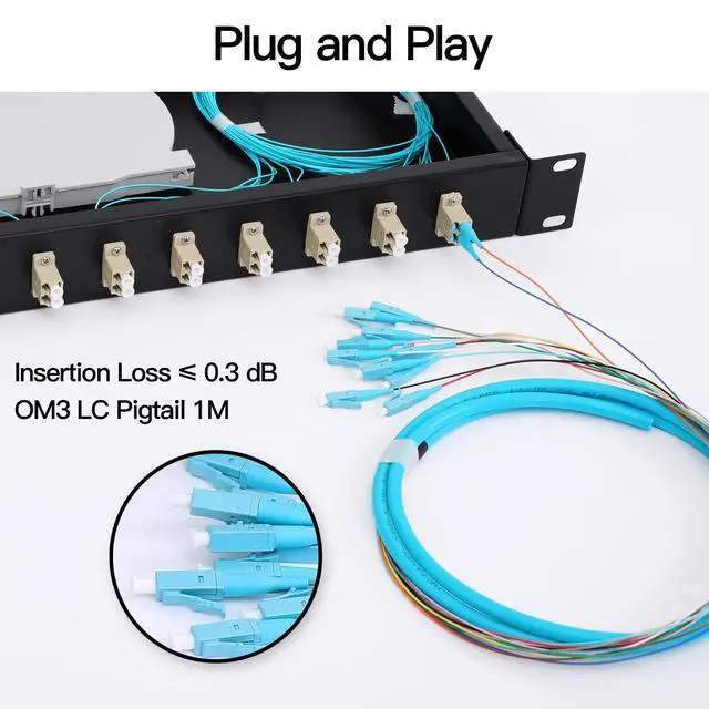Alt view image 5 of 6 - LC-OM3 12 Duplex 24 Port Fiber Enclosure Rack Mount Fiber Box MultiMode LC-UPC Kit 1 RU Fits 19" Racks Cabinet (Include 2Pcs Splice Trays 48 Strand OM3 Pigtail 1M Cables Spool+LGX Loaded Patch Panel