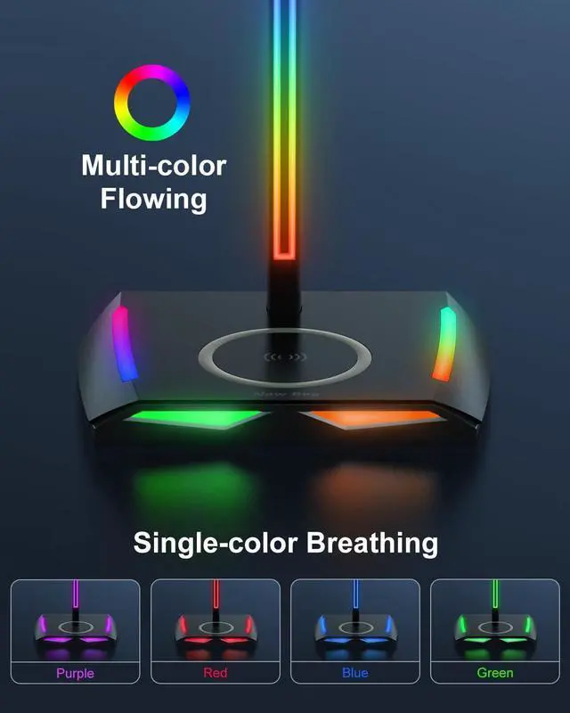 Alt view image 2 of 6 - RGB Headphone Stand with 2 USB-C & 1 USB Charging Ports, Desk Gaming Headset Holder with 7 Light Modes and Non-Slip Rubber Base Suitable for All Earphone Accessories | 2 USB-C & 1 USB Charging Ports,