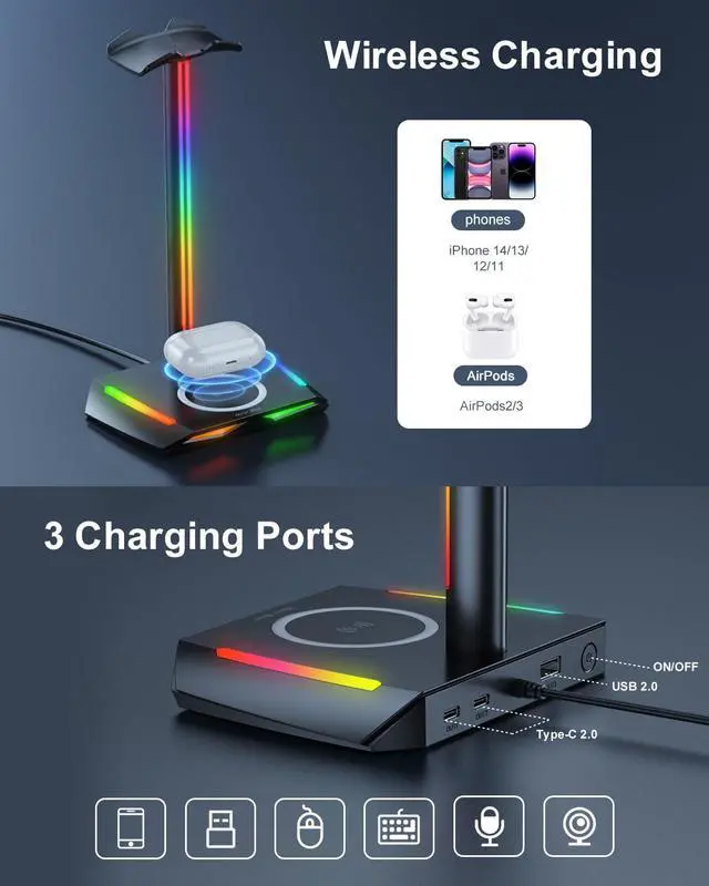 Alt view image 3 of 6 - RGB Headphone Stand with 2 USB-C & 1 USB Charging Ports, Desk Gaming Headset Holder with 7 Light Modes and Non-Slip Rubber Base Suitable for All Earphone Accessories | 2 USB-C & 1 USB Charging Ports,
