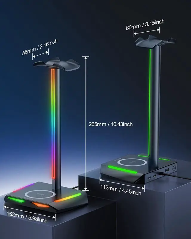 Alt view image 4 of 6 - RGB Headphone Stand with 2 USB-C & 1 USB Charging Ports, Desk Gaming Headset Holder with 7 Light Modes and Non-Slip Rubber Base Suitable for All Earphone Accessories | 2 USB-C & 1 USB Charging Ports,