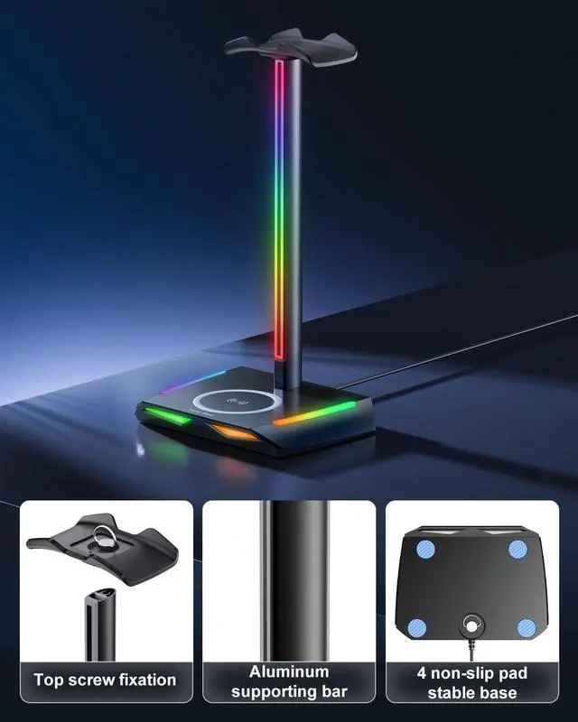 Alt view image 5 of 6 - RGB Headphone Stand with 2 USB-C & 1 USB Charging Ports, Desk Gaming Headset Holder with 7 Light Modes and Non-Slip Rubber Base Suitable for All Earphone Accessories | 2 USB-C & 1 USB Charging Ports,