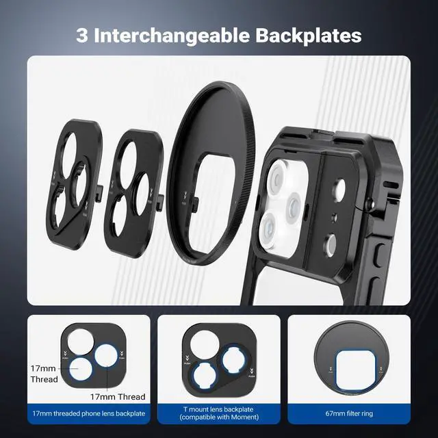 Alt view image 4 of 6 - Phone Cage Kit Compatible with iPhone 17 Pro Only, Video Rig Stabilizer Accessories with 67mm Filter Ring, 17mm & T Mount Lens Backplates, Quick Release Bluetooth Handle, PA143 (Black)
