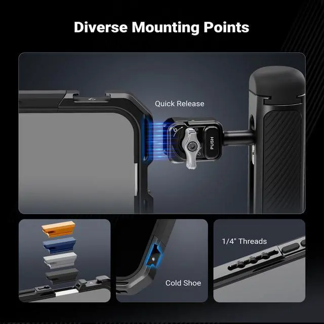 Alt view image 6 of 6 - Phone Cage Kit Compatible with iPhone 17 Pro Only, Video Rig Stabilizer Accessories with 67mm Filter Ring, 17mm & T Mount Lens Backplates, Quick Release Bluetooth Handle, PA143 (Black)