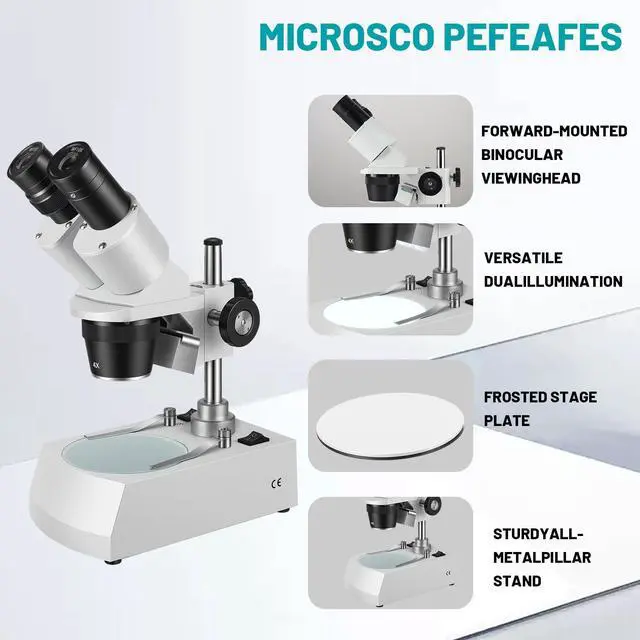Alt view image 2 of 6 - Stereo Microscope,Binocular Microscope, WF10x and WF20x Eyepieces, 10X-80X Magnification, Upper and Lower LED Light Source, Pillar Stand,120V Power Supply and Lithium Battery
