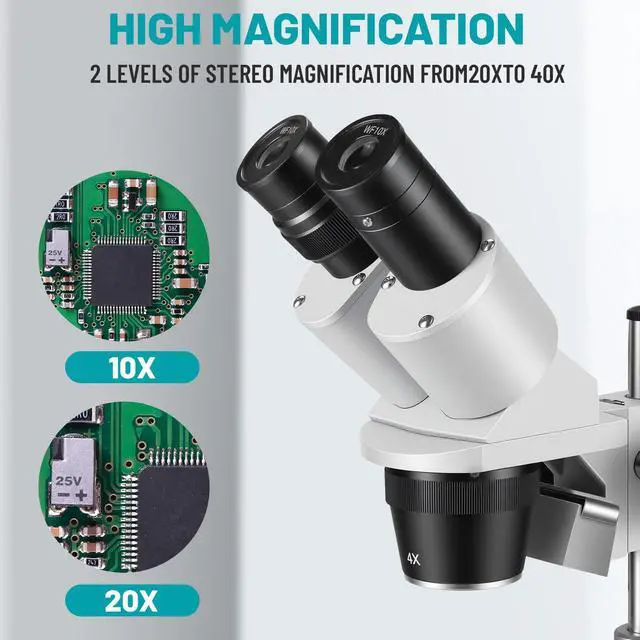Alt view image 3 of 6 - Stereo Microscope,Binocular Microscope, WF10x and WF20x Eyepieces, 10X-80X Magnification, Upper and Lower LED Light Source, Pillar Stand,120V Power Supply and Lithium Battery