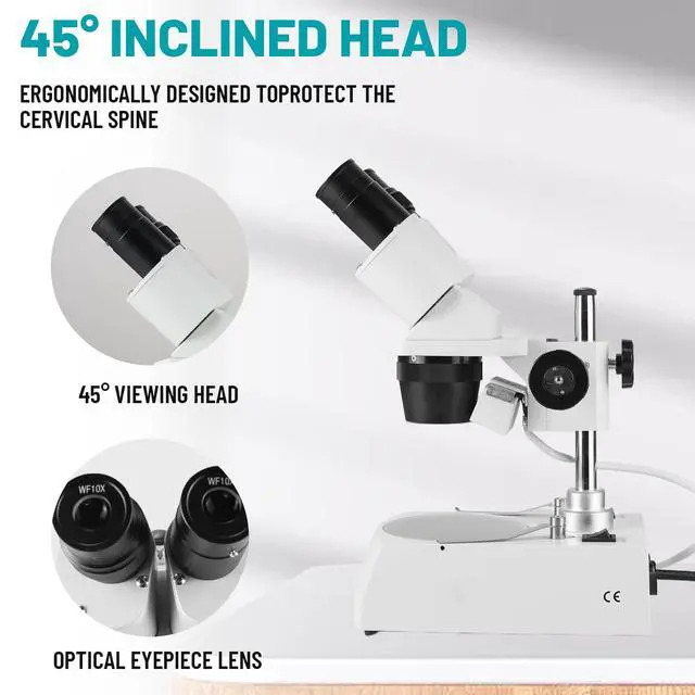 Alt view image 4 of 6 - Stereo Microscope,Binocular Microscope, WF10x and WF20x Eyepieces, 10X-80X Magnification, Upper and Lower LED Light Source, Pillar Stand,120V Power Supply and Lithium Battery