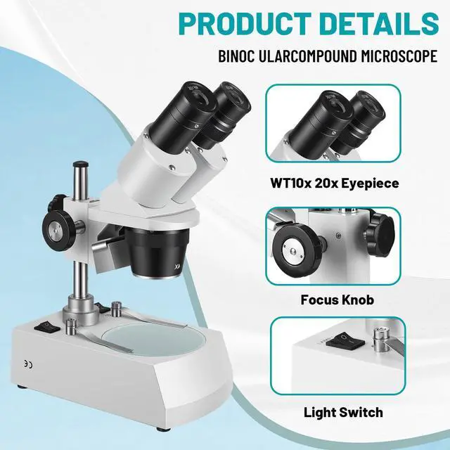 Alt view image 5 of 6 - Stereo Microscope,Binocular Microscope, WF10x and WF20x Eyepieces, 10X-80X Magnification, Upper and Lower LED Light Source, Pillar Stand,120V Power Supply and Lithium Battery