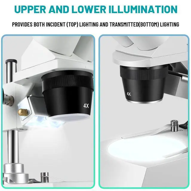 Alt view image 6 of 6 - Stereo Microscope,Binocular Microscope, WF10x and WF20x Eyepieces, 10X-80X Magnification, Upper and Lower LED Light Source, Pillar Stand,120V Power Supply and Lithium Battery
