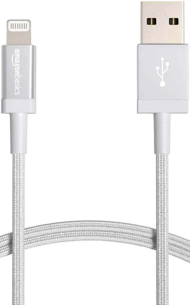 Main image of USB-A to Lightning Charger Cable, Nylon Braided Cord, Apple MFi Certified for iPhone 14 13 12 11 X Xs Pro, Pro Max, Plus, iPad, High Speed Data Sync, 3 Foot, Silver