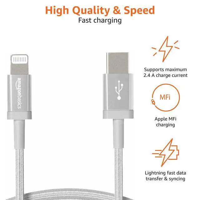 Alt view image 3 of 6 - USB-A to Lightning Charger Cable, Nylon Braided Cord, Apple MFi Certified for iPhone 14 13 12 11 X Xs Pro, Pro Max, Plus, iPad, High Speed Data Sync, 3 Foot, Silver