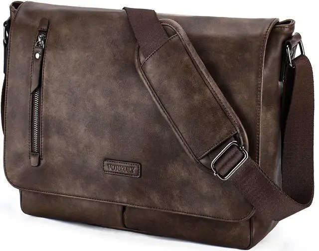 Main image of Messenger Bag for Men, PU Leather Laptop Briefcase Bag for Work | Shoulder Bag for Office, Fits 14" Laptop, Vintage Satchel Bag with Padded Shoulder Strap, Padded Laptop Sleeve, Waterproof