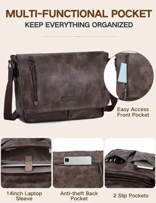 Alt view image 2 of 6 - Messenger Bag for Men, PU Leather Laptop Briefcase Bag for Work | Shoulder Bag for Office, Fits 14" Laptop, Vintage Satchel Bag with Padded Shoulder Strap, Padded Laptop Sleeve, Waterproof
