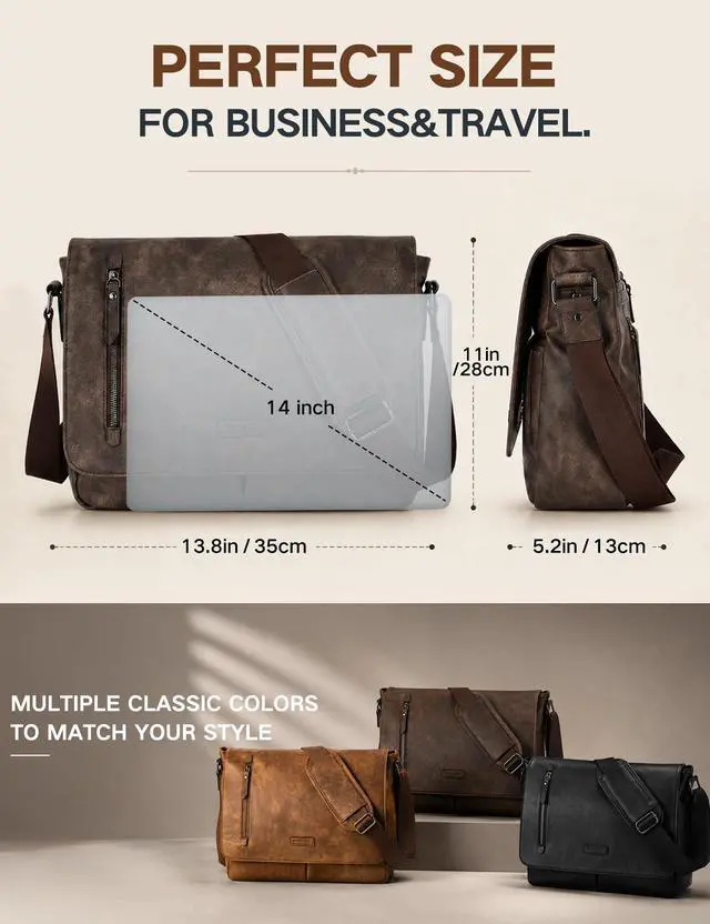 Alt view image 3 of 6 - Messenger Bag for Men, PU Leather Laptop Briefcase Bag for Work | Shoulder Bag for Office, Fits 14" Laptop, Vintage Satchel Bag with Padded Shoulder Strap, Padded Laptop Sleeve, Waterproof