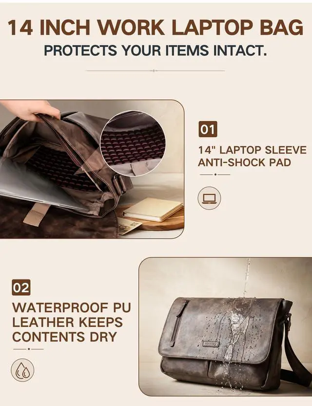 Alt view image 4 of 6 - Messenger Bag for Men, PU Leather Laptop Briefcase Bag for Work | Shoulder Bag for Office, Fits 14" Laptop, Vintage Satchel Bag with Padded Shoulder Strap, Padded Laptop Sleeve, Waterproof