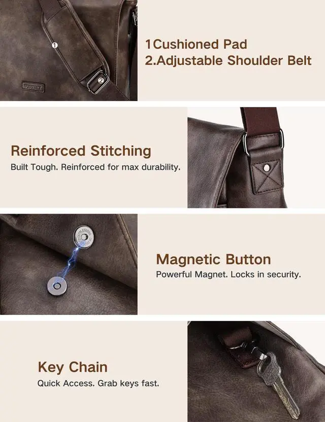 Alt view image 6 of 6 - Messenger Bag for Men, PU Leather Laptop Briefcase Bag for Work | Shoulder Bag for Office, Fits 14" Laptop, Vintage Satchel Bag with Padded Shoulder Strap, Padded Laptop Sleeve, Waterproof