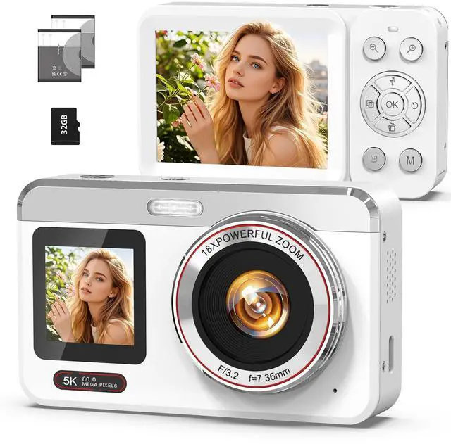 Main image of Digital Camera, 5K 80MP Dual Screen, Auto Focus for Beginners Teens | Point and Shoot Camera with 18X Zoom, 32GB Card & 2 Batteries, Great Travel Vlogging Camera for YouTube, White