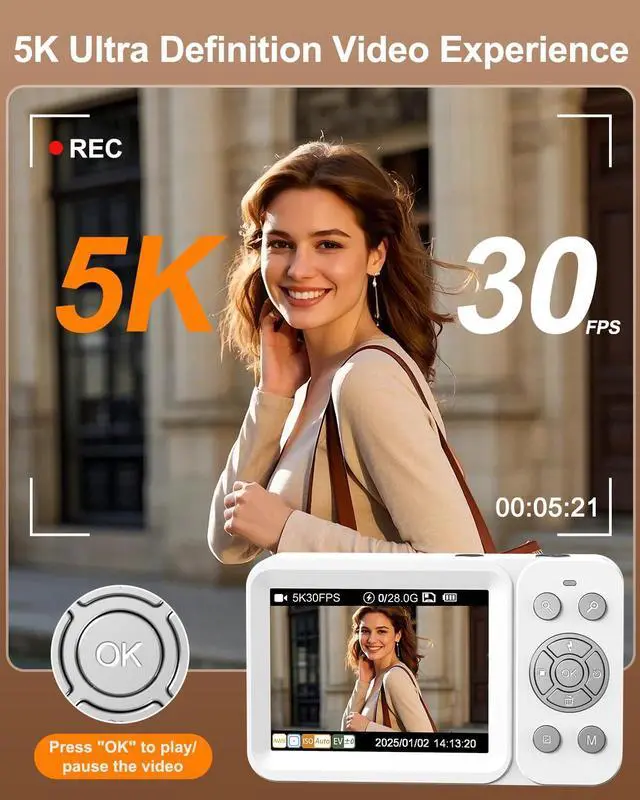Alt view image 2 of 6 - Digital Camera, 5K 80MP Dual Screen, Auto Focus for Beginners Teens | Point and Shoot Camera with 18X Zoom, 32GB Card & 2 Batteries, Great Travel Vlogging Camera for YouTube, White
