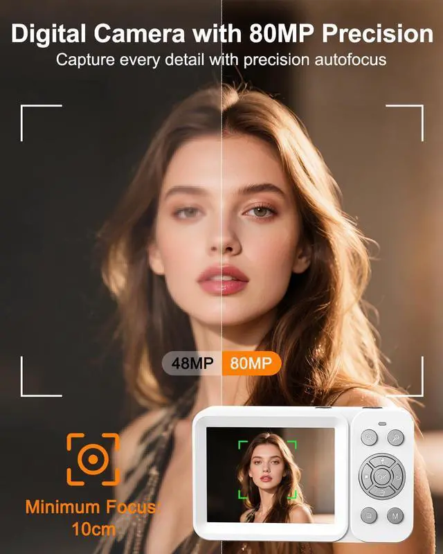 Alt view image 3 of 6 - Digital Camera, 5K 80MP Dual Screen, Auto Focus for Beginners Teens | Point and Shoot Camera with 18X Zoom, 32GB Card & 2 Batteries, Great Travel Vlogging Camera for YouTube, White