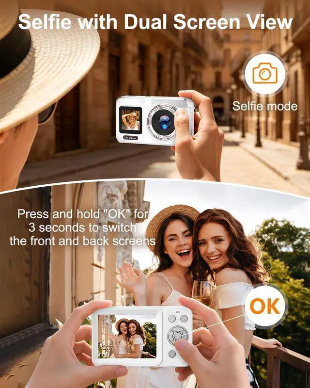 Alt view image 4 of 6 - Digital Camera, 5K 80MP Dual Screen, Auto Focus for Beginners Teens | Point and Shoot Camera with 18X Zoom, 32GB Card & 2 Batteries, Great Travel Vlogging Camera for YouTube, White