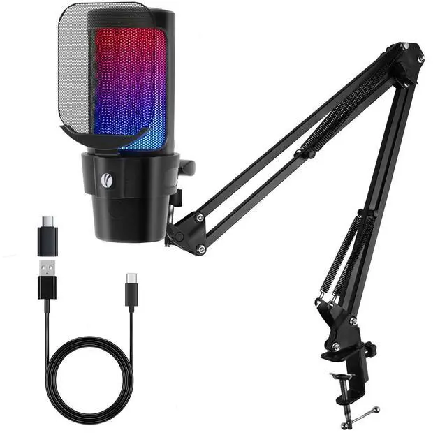 Main image of Gaming USB Microphone,Condenser Dynamic Boom Arm Mic for Podcasting,Streaming, with Boom Arm Stand,Quick Mute,Pop Filter,RGB Indicator,Shock Mount,Rotate gain Button, Compatible with PS4/5/PC