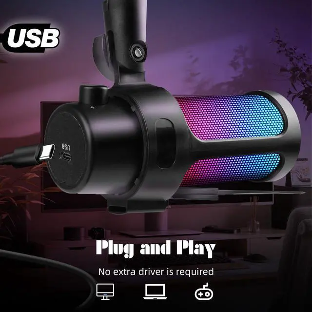 Alt view image 3 of 6 - Gaming USB Microphone,Condenser Dynamic Boom Arm Mic for Podcasting,Streaming, with Boom Arm Stand,Quick Mute,Pop Filter,RGB Indicator,Shock Mount,Rotate gain Button, Compatible with PS4/5/PC