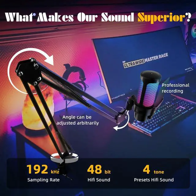 Alt view image 5 of 6 - Gaming USB Microphone,Condenser Dynamic Boom Arm Mic for Podcasting,Streaming, with Boom Arm Stand,Quick Mute,Pop Filter,RGB Indicator,Shock Mount,Rotate gain Button, Compatible with PS4/5/PC