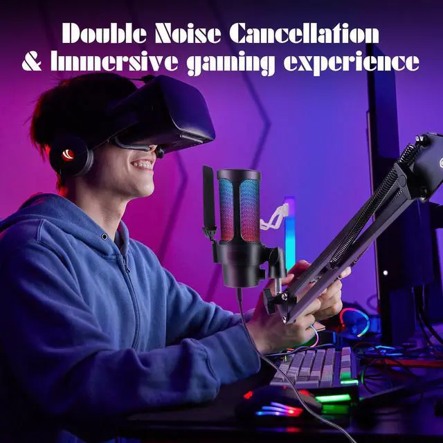 Alt view image 6 of 6 - Gaming USB Microphone,Condenser Dynamic Boom Arm Mic for Podcasting,Streaming, with Boom Arm Stand,Quick Mute,Pop Filter,RGB Indicator,Shock Mount,Rotate gain Button, Compatible with PS4/5/PC