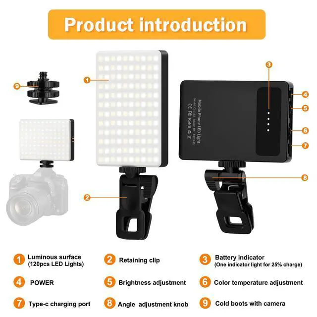 Alt view image 4 of 6 - 120 LED Selfie Light for iPhone, Portable Phone Light with Clip & Camera Tripod Adapter - 5000mAh Rechargeable, 3 Lighting Modes, CRI 97+ for Video Recording, TikTok, Tripod Mount Rings