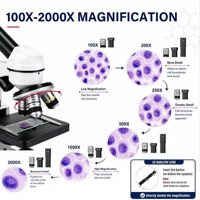 Alt view image 2 of 6 - Microscope for Adults Students, 100X-2000X Metal STEM Microscope Kit | Dual LED Illumination, Complete Compound Microscope Kit for School Lab, Homeschool with Slides Set, Phone Adapter & Case Bag