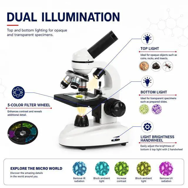 Alt view image 3 of 6 - Microscope for Adults Students, 100X-2000X Metal STEM Microscope Kit | Dual LED Illumination, Complete Compound Microscope Kit for School Lab, Homeschool with Slides Set, Phone Adapter & Case Bag