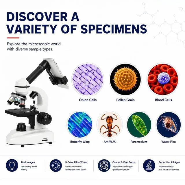 Alt view image 5 of 6 - Microscope for Adults Students, 100X-2000X Metal STEM Microscope Kit | Dual LED Illumination, Complete Compound Microscope Kit for School Lab, Homeschool with Slides Set, Phone Adapter & Case Bag